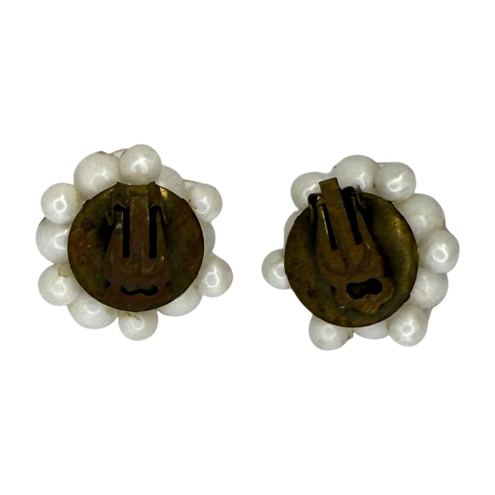 Vintage White Pearl Bead & Faceted Stone Cluster Clip-On Earrings Womens Jewelry - Picture 2 of 5